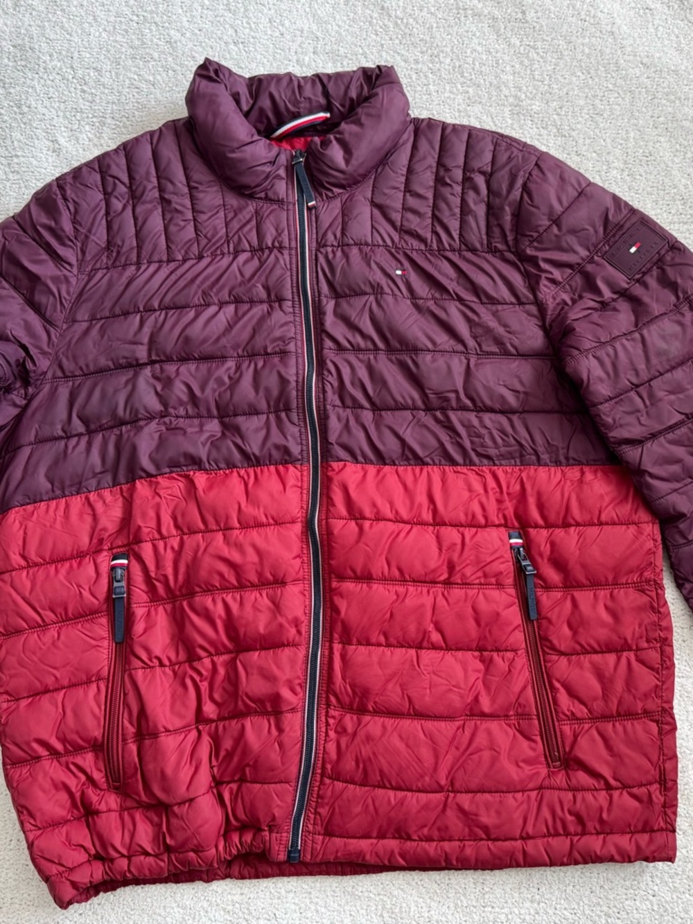 Tommy Hilfiger Men's Two-Tone Burgundy and Red Quilted Puffer Jacket